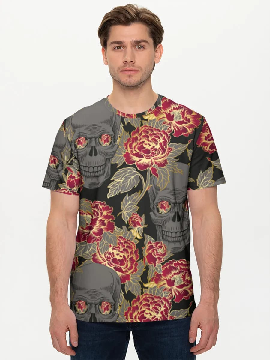 Skulls And Red Peonies — Men's basic cotton T-shirt