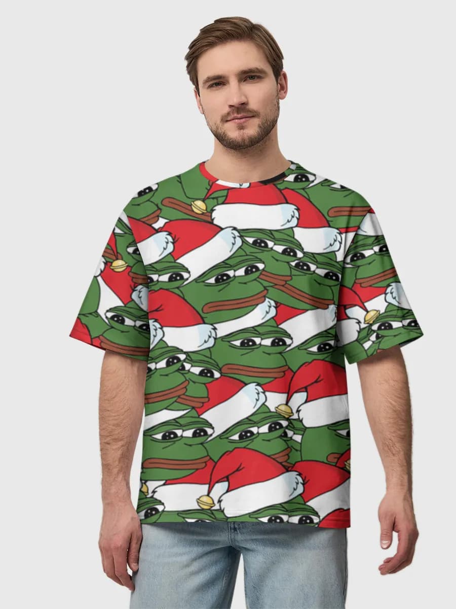 Pepe Christmas Frog Meme — Men's oversized cotton T-shirt