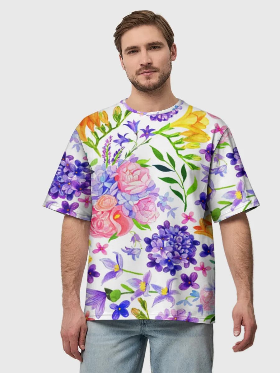 Watercolor Garden Flowers — Men's oversized cotton T-shirt