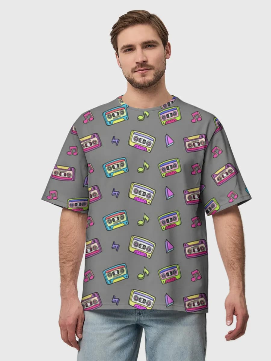 Retro Cassette Music Doodles — Men's oversized cotton T-shirt