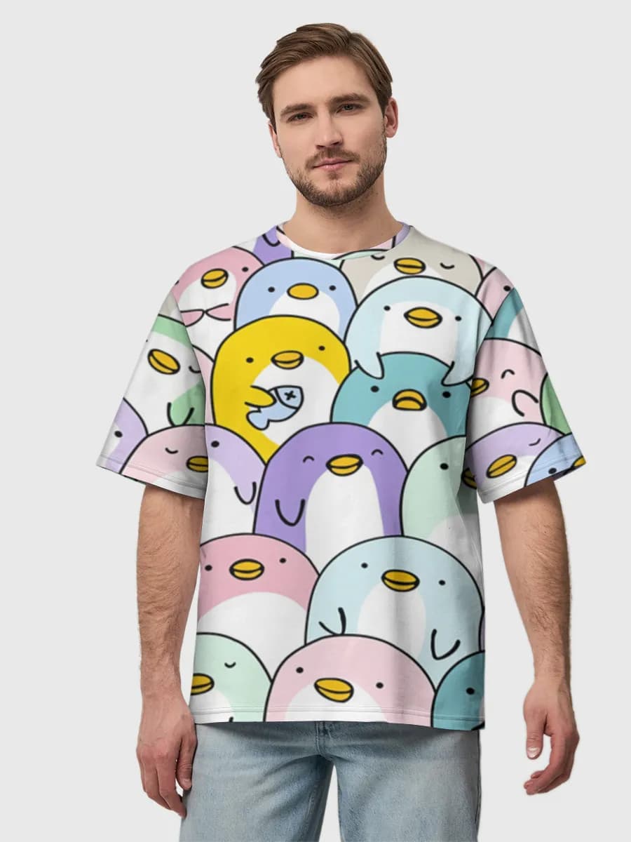 Pastel Penguin Crowd — Men's oversized cotton T-shirt