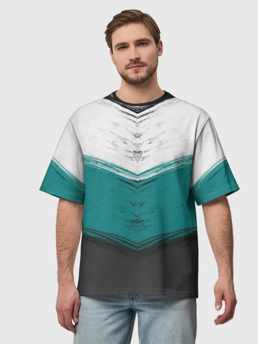 Teal Grunge Chevron V — Men's oversized cotton T-shirt