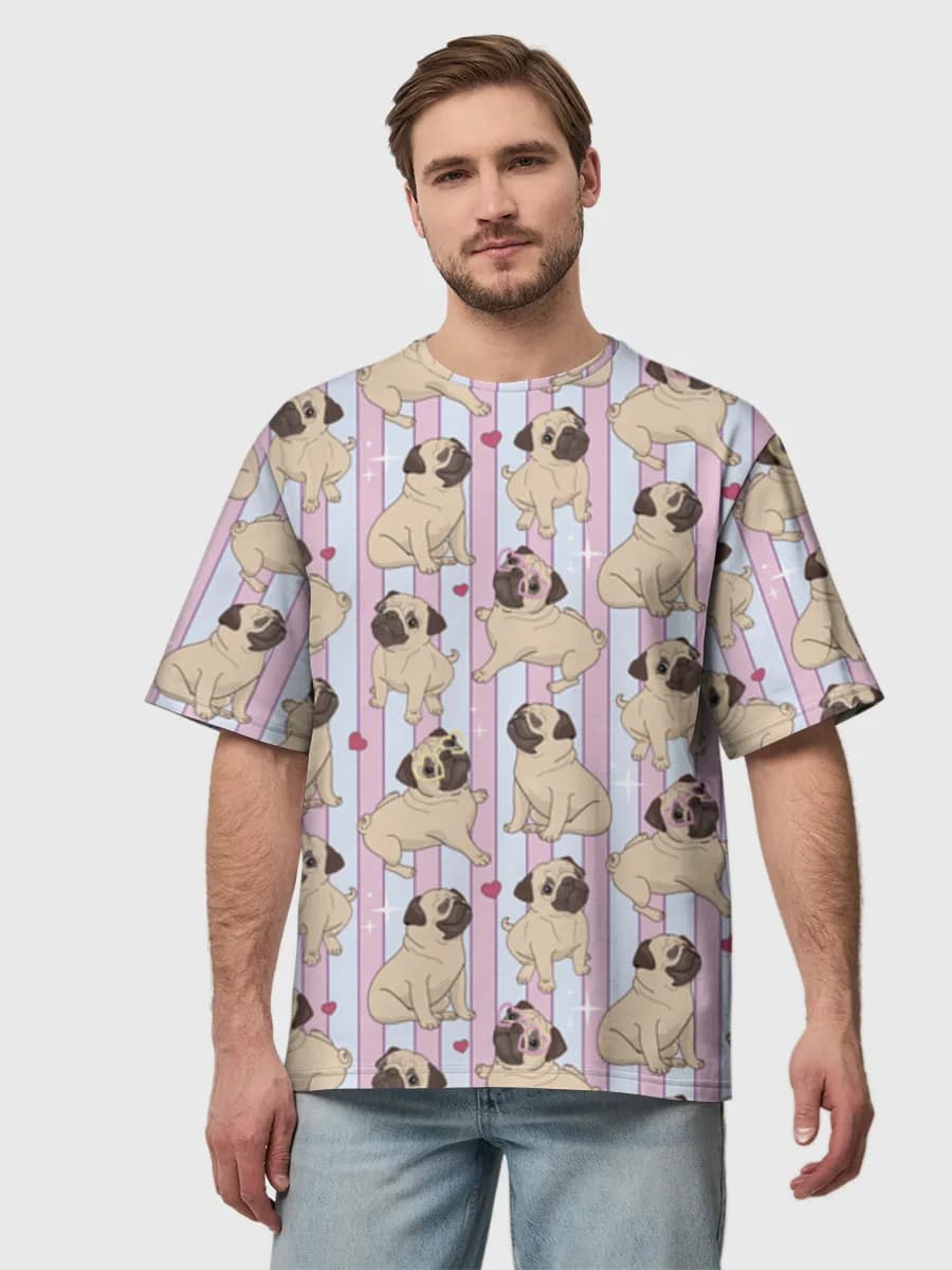 Pastel Pug Hearts — Men's oversized cotton T-shirt