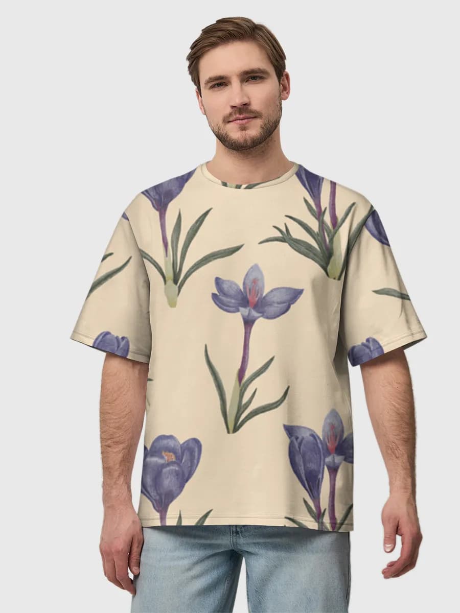 Watercolor Purple Crocus — Men's oversized cotton T-shirt