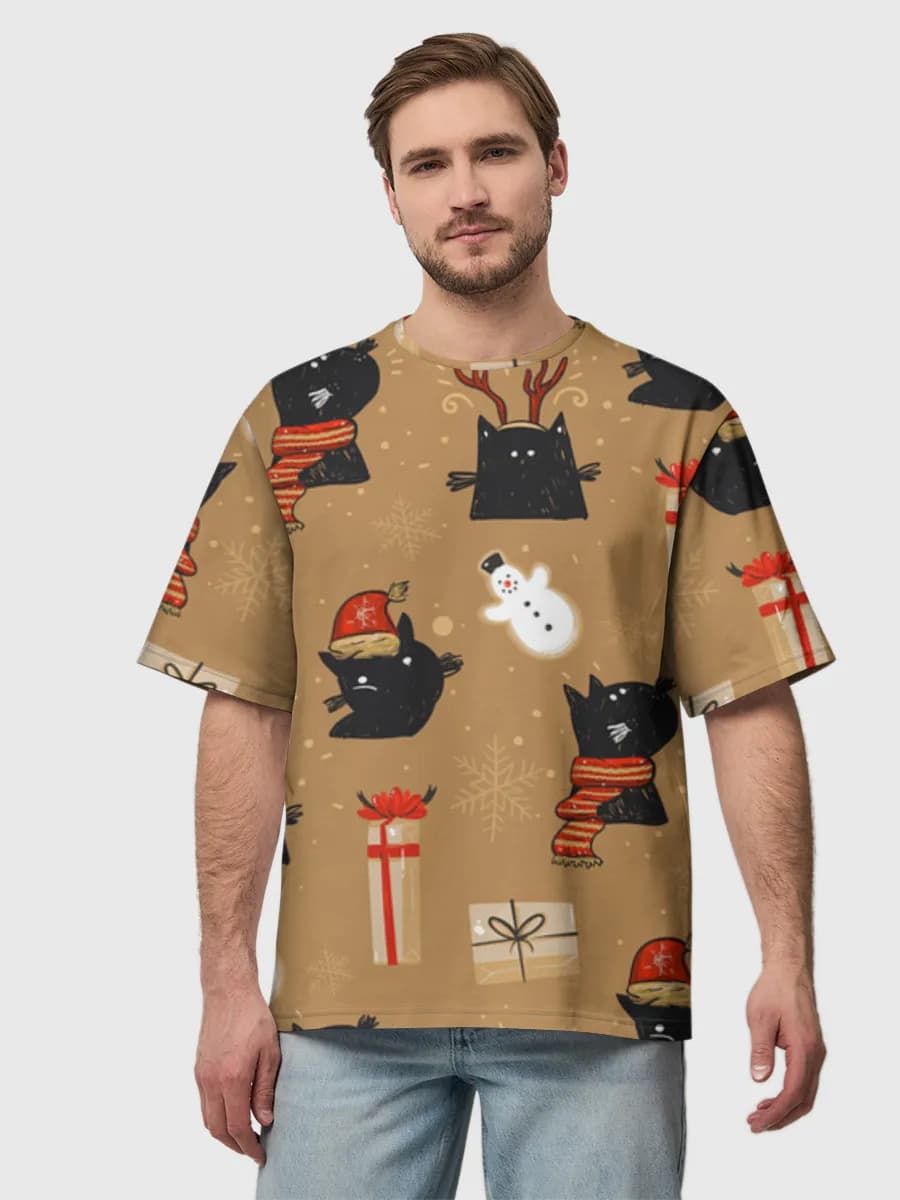 Festive Black Cats Christmas — Men's oversized cotton T-shirt