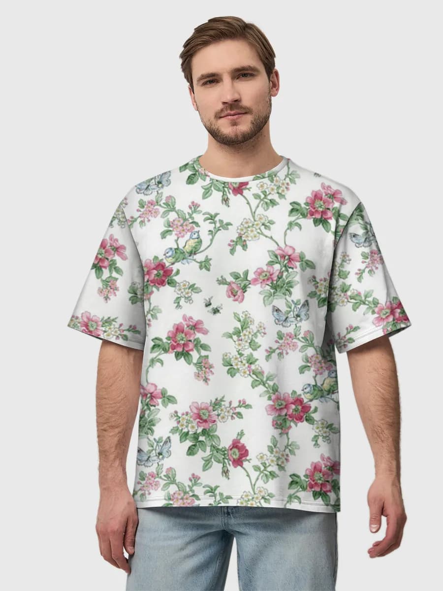 Vintage Floral Birds — Men's oversized cotton T-shirt