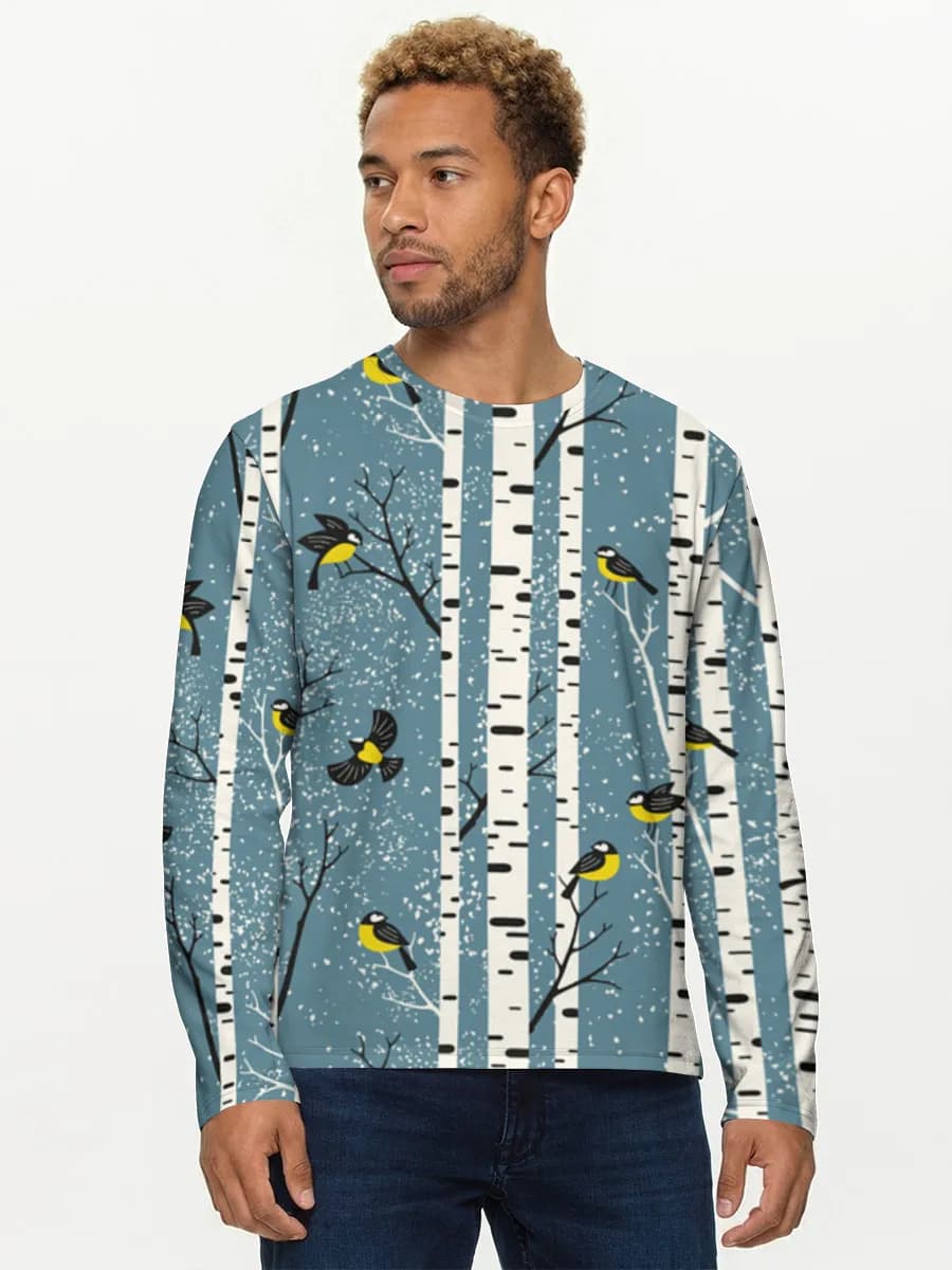 Birch Forest Winter Birds — Men's cotton long sleeve shirt