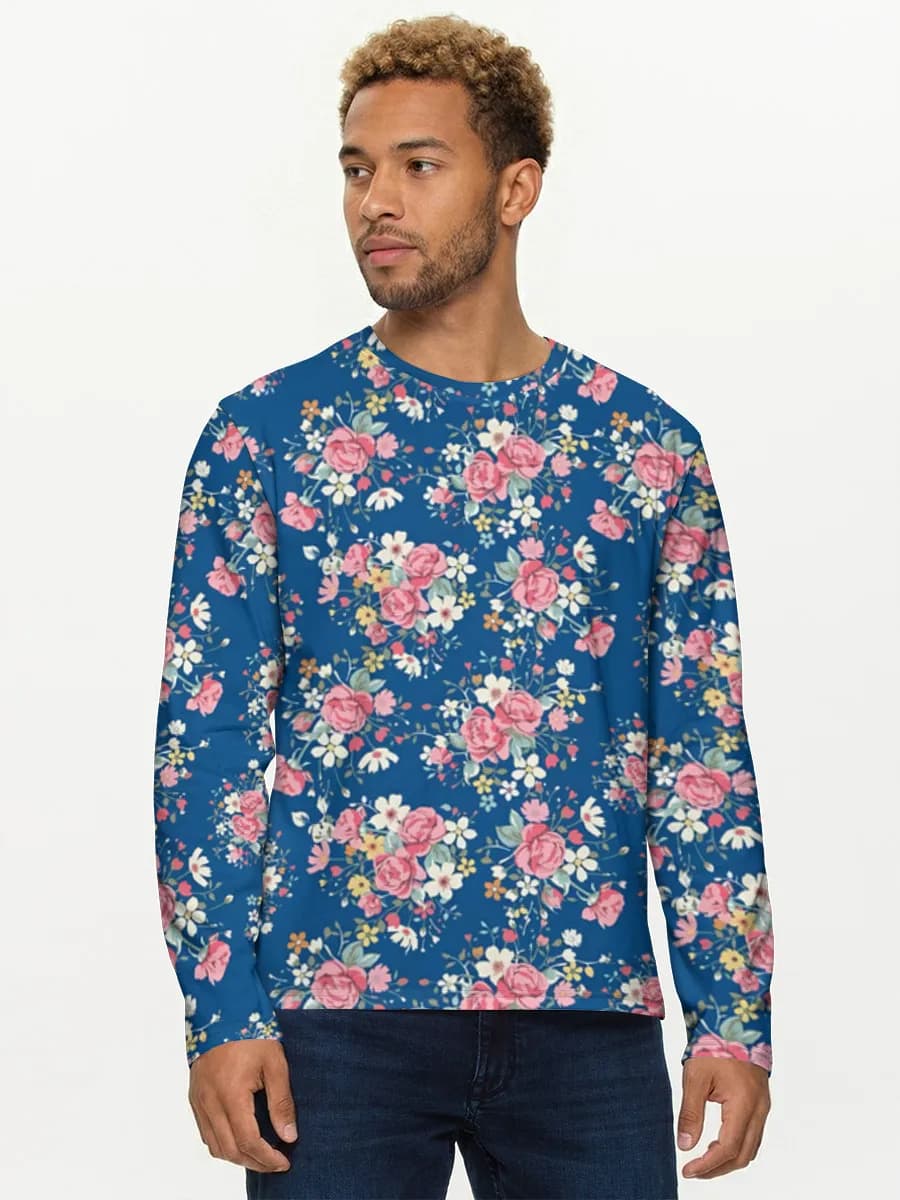 Pink Roses On Blue — Men's cotton long sleeve shirt