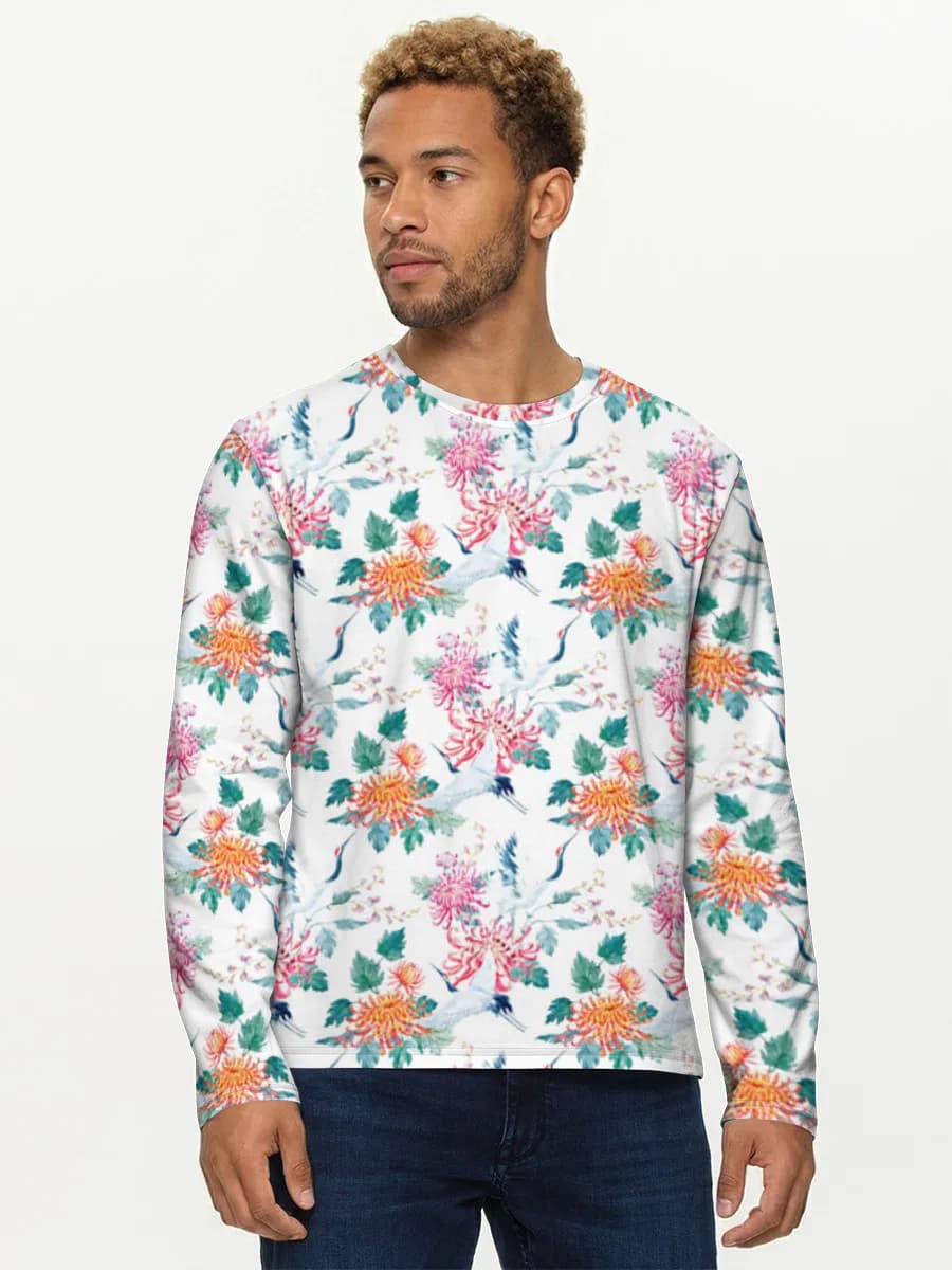 Watercolor Cranes And Chrysanthemums — Men's cotton long sleeve shirt