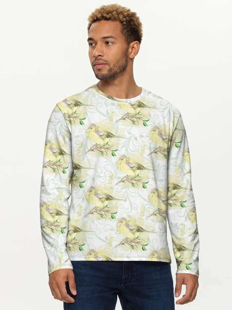 Watercolor Songbirds On Branches — Men's cotton long sleeve shirt