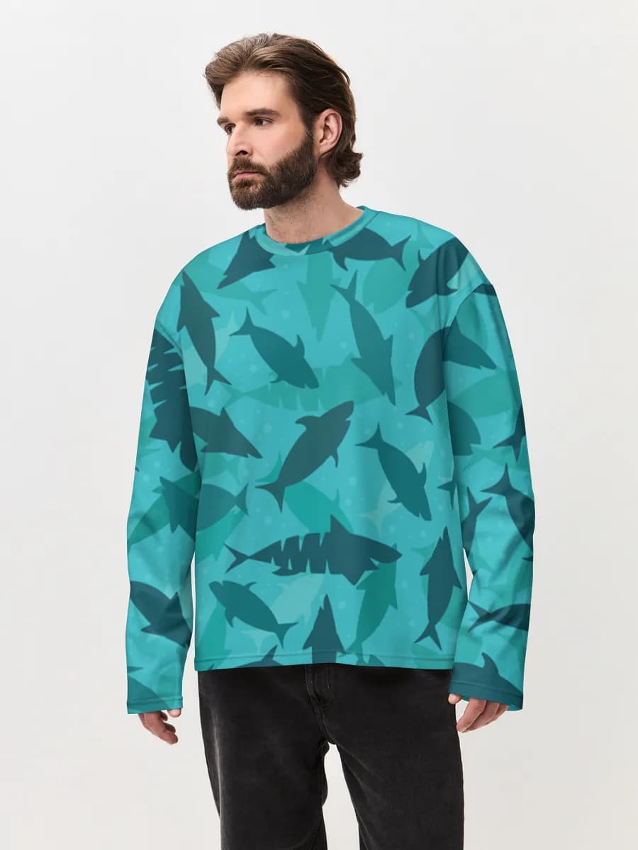 Teal Fish Silhouettes — Men's oversized cotton long sleeve
