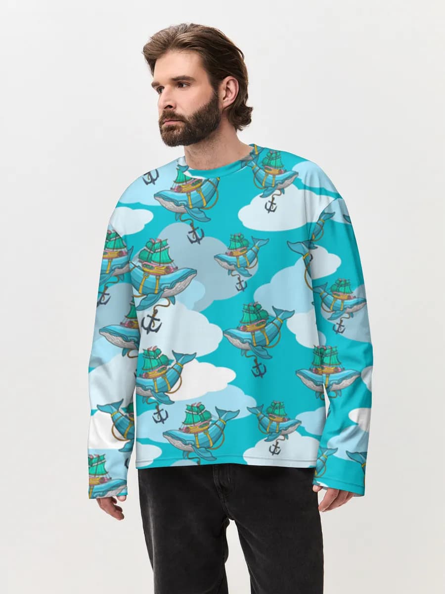 Sky Sailing Whale Fleet — Men's oversized cotton long sleeve