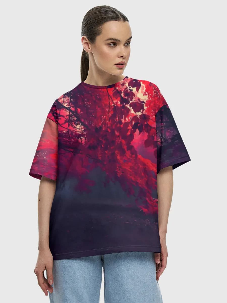 Crimson Mist Forest — Women's oversized cotton T-shirt