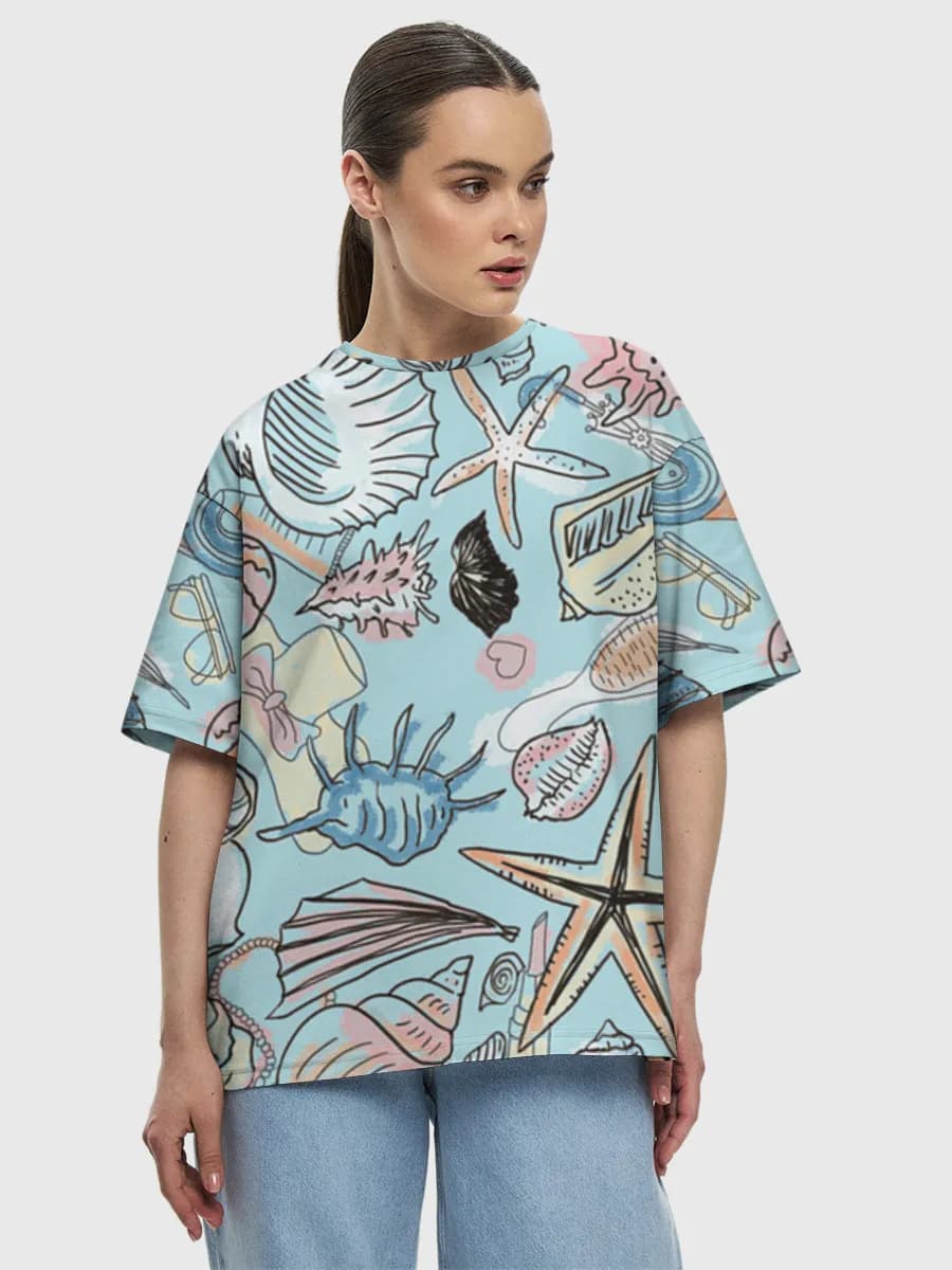 Pastel Beach Shell Doodles — Women's oversized cotton T-shirt