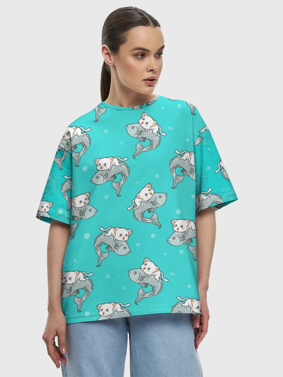 Kawaii Cat Riding Koi