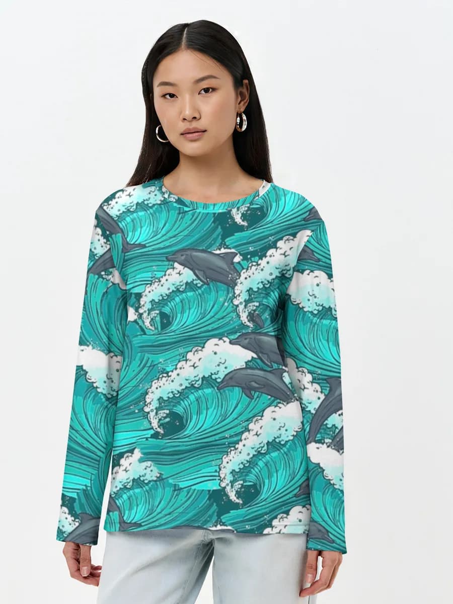 Dolphins In Ocean Waves — Women's long sleeve shirt. Cotton