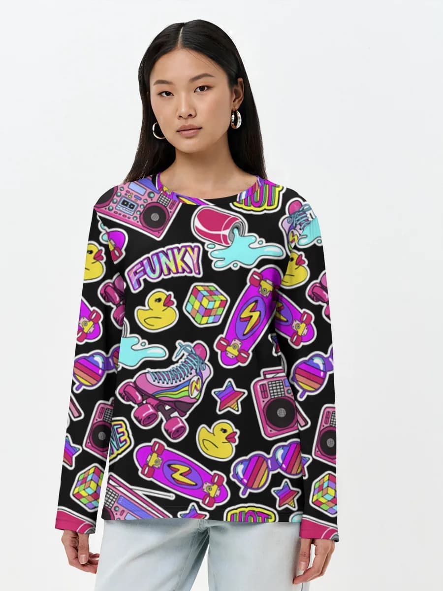 Retro 90s Sticker Vibes — Women's long sleeve shirt. Cotton