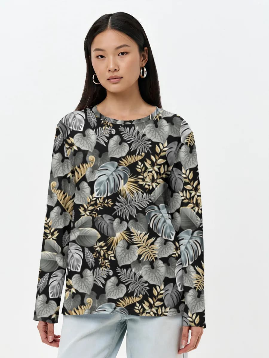 Black Gold Tropical Leaves — Women's long sleeve shirt. Cotton