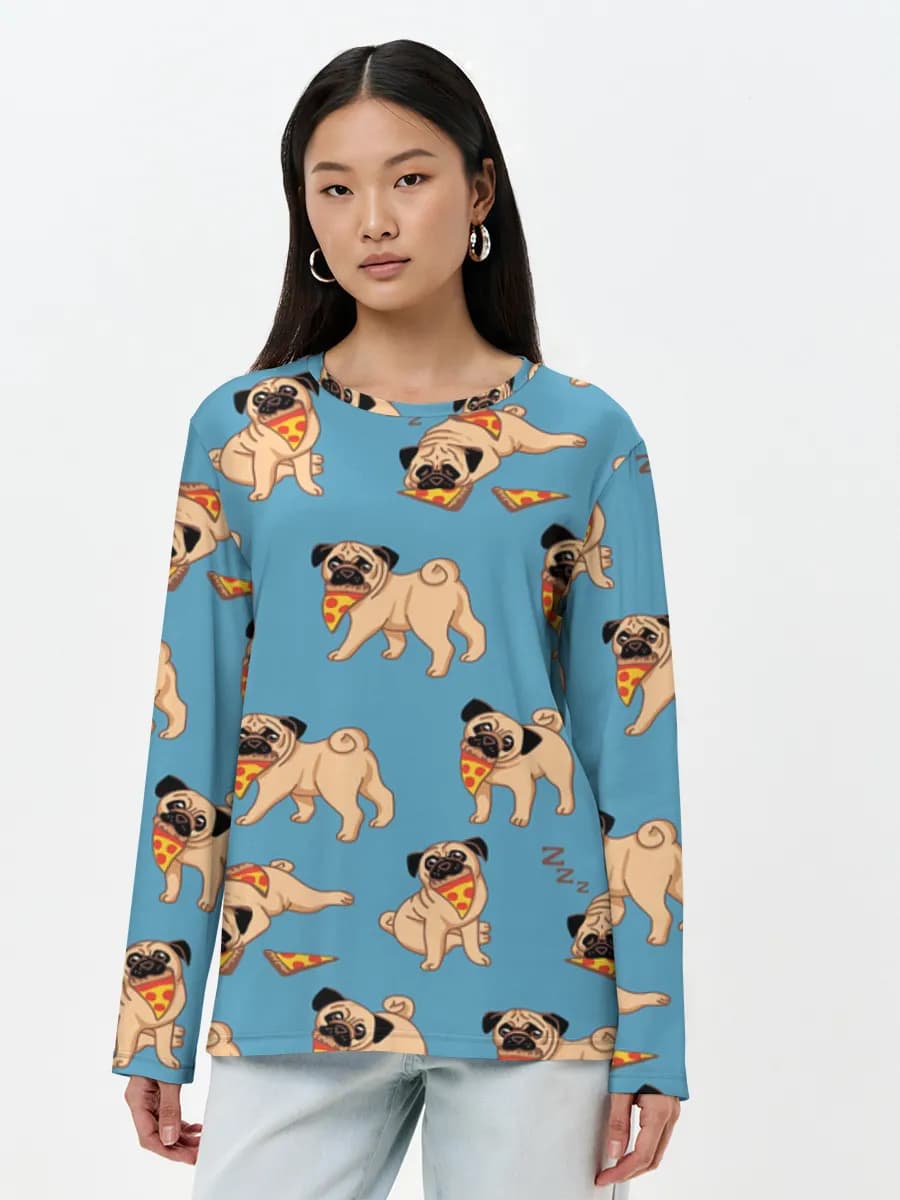 Pug Pizza Party — Women's long sleeve shirt. Cotton