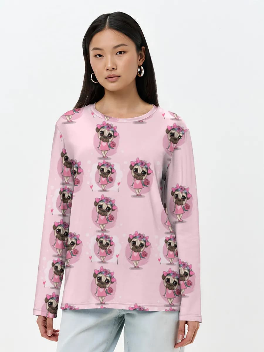 Cute Pug With Roses — Women's long sleeve shirt. Cotton