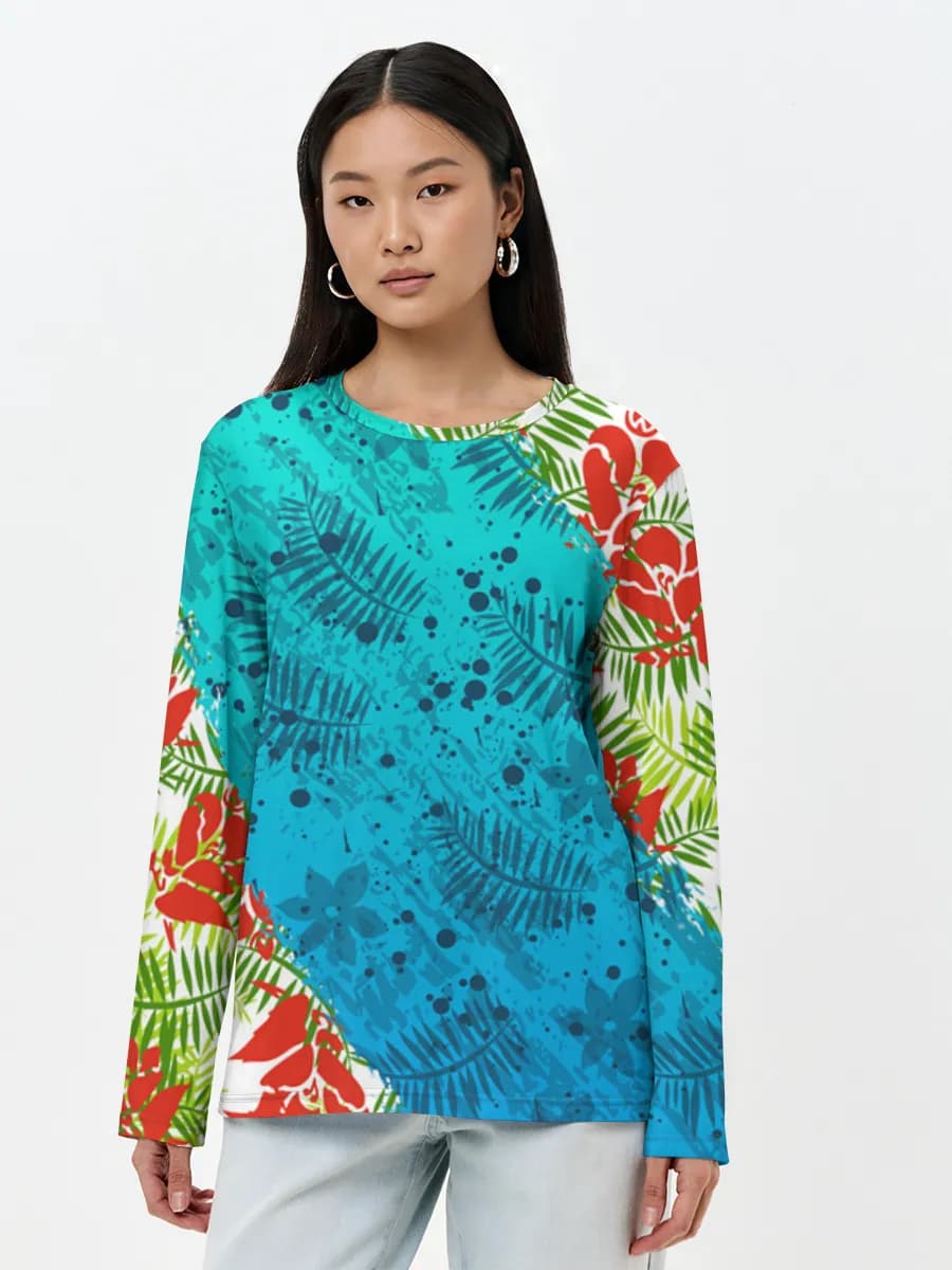 Tropical Floral Blue Brushstroke — Women's long sleeve shirt. Cotton