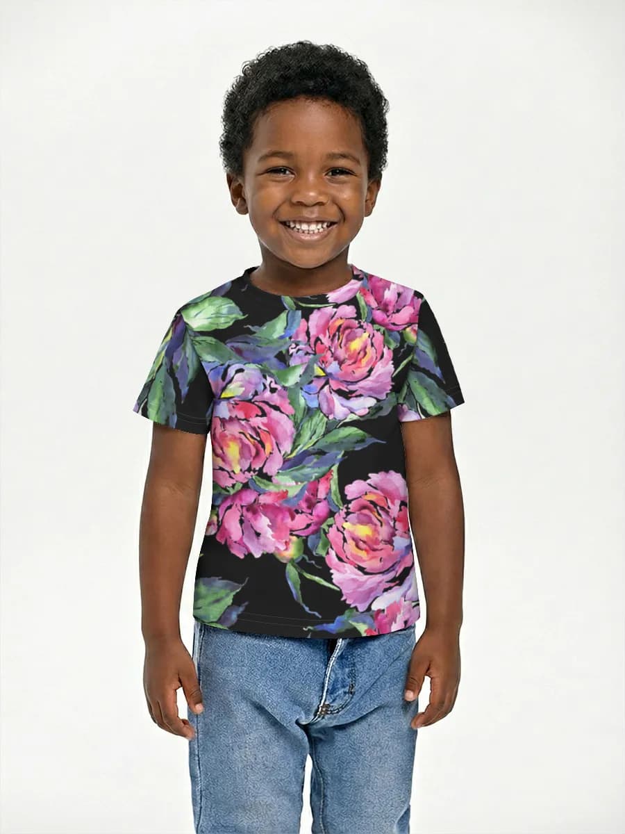 Watercolor Peonies On Black — Children's cotton T-shirt (for boys. Copy)
