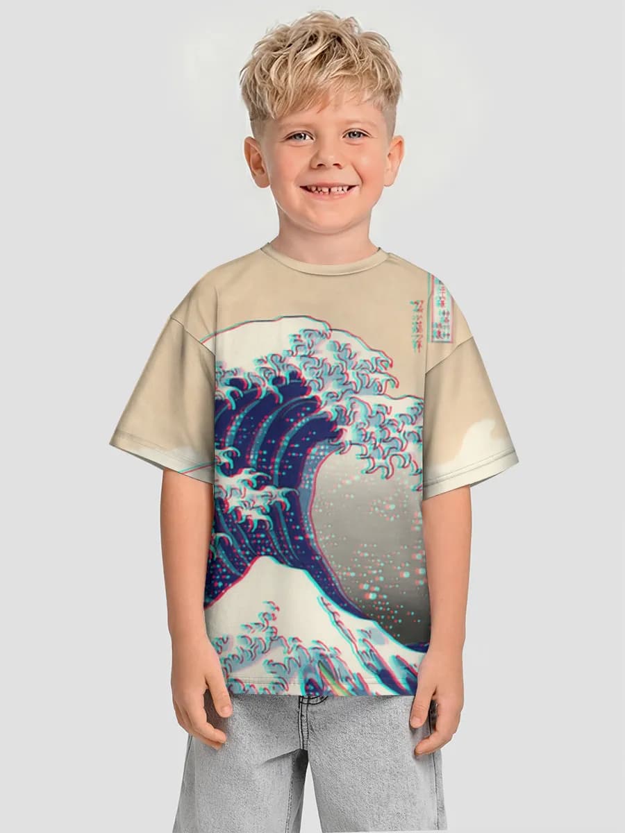 Anaglyph Great Wave — Children's T-shirt. Oversized