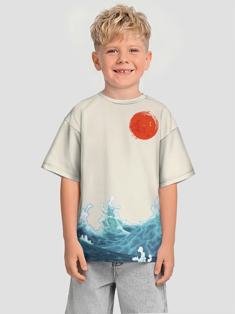 Crimson Sun Over Waves — Children's T-shirt. Oversized