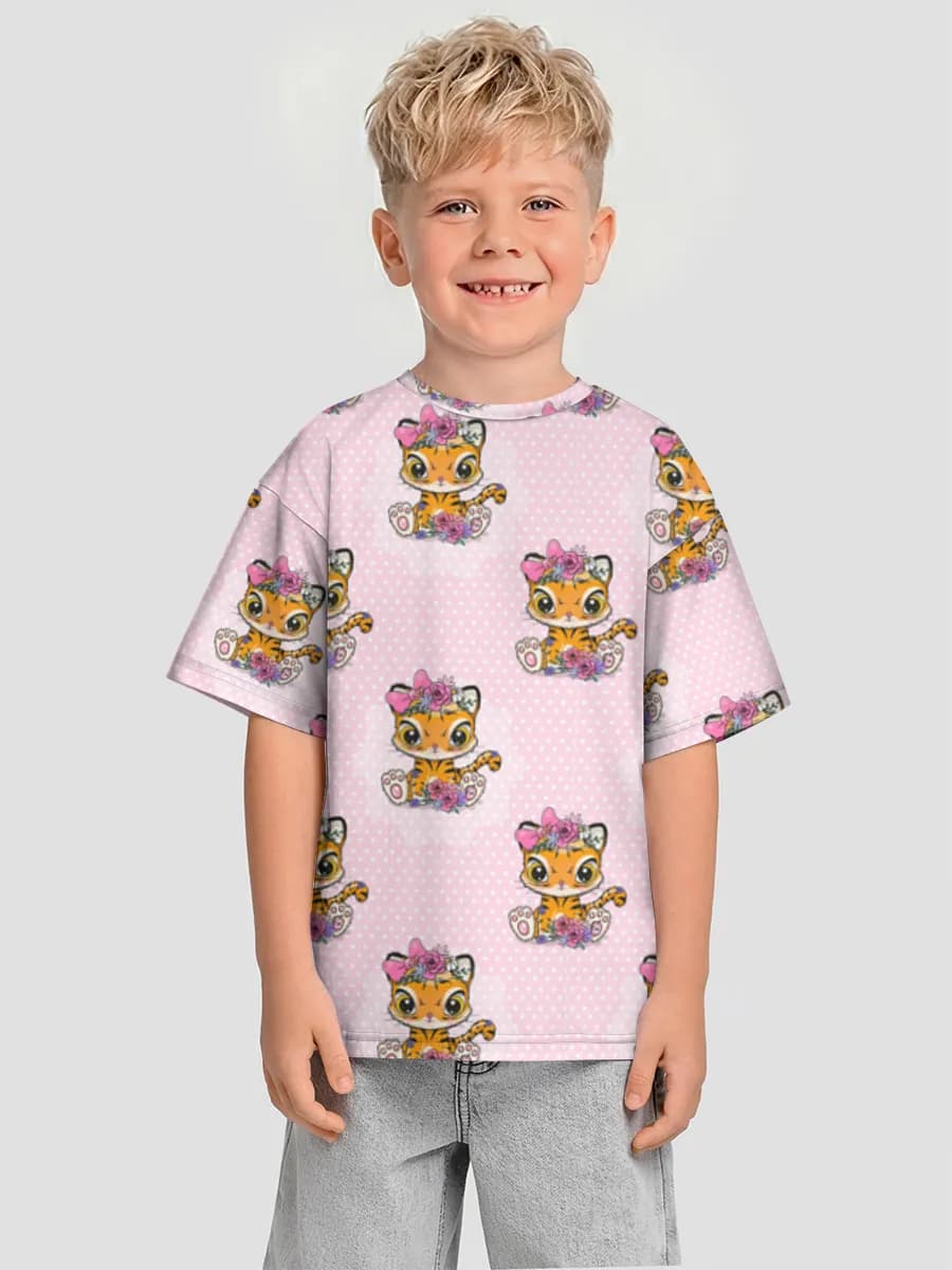 Kawaii Floral Tiger Cub — Children's T-shirt. Oversized