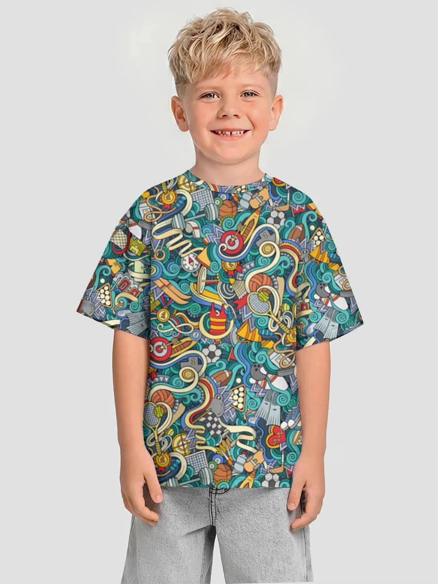 Colorful Sports Doodle Collage — Children's T-shirt. Oversized