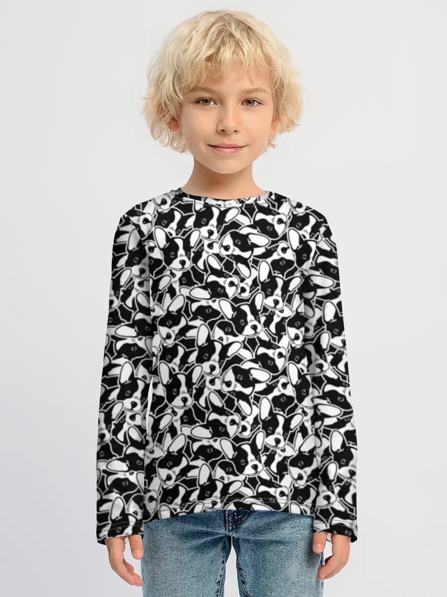 Monochrome French Bulldog Crowd — Children's cotton long sleeve shirt