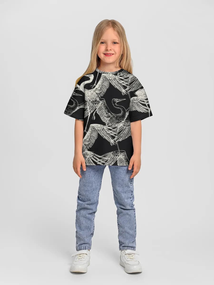Monochrome Herons in Flight — Children's T-shirt. Oversized
