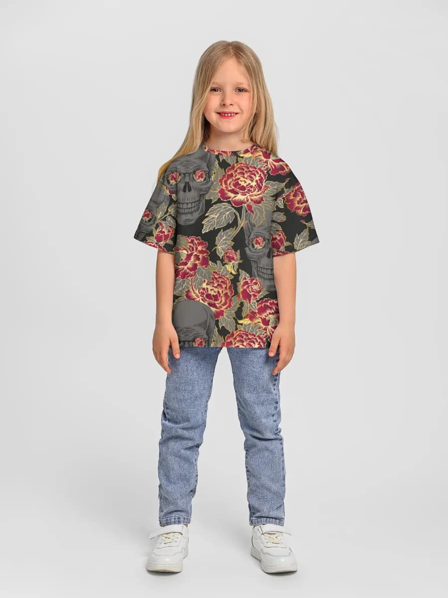 Skulls And Red Peonies — Children's T-shirt. Oversized