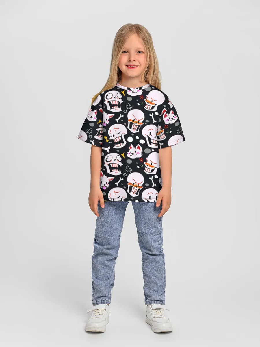 Kawaii Skulls And Cats — Children's T-shirt. Oversized