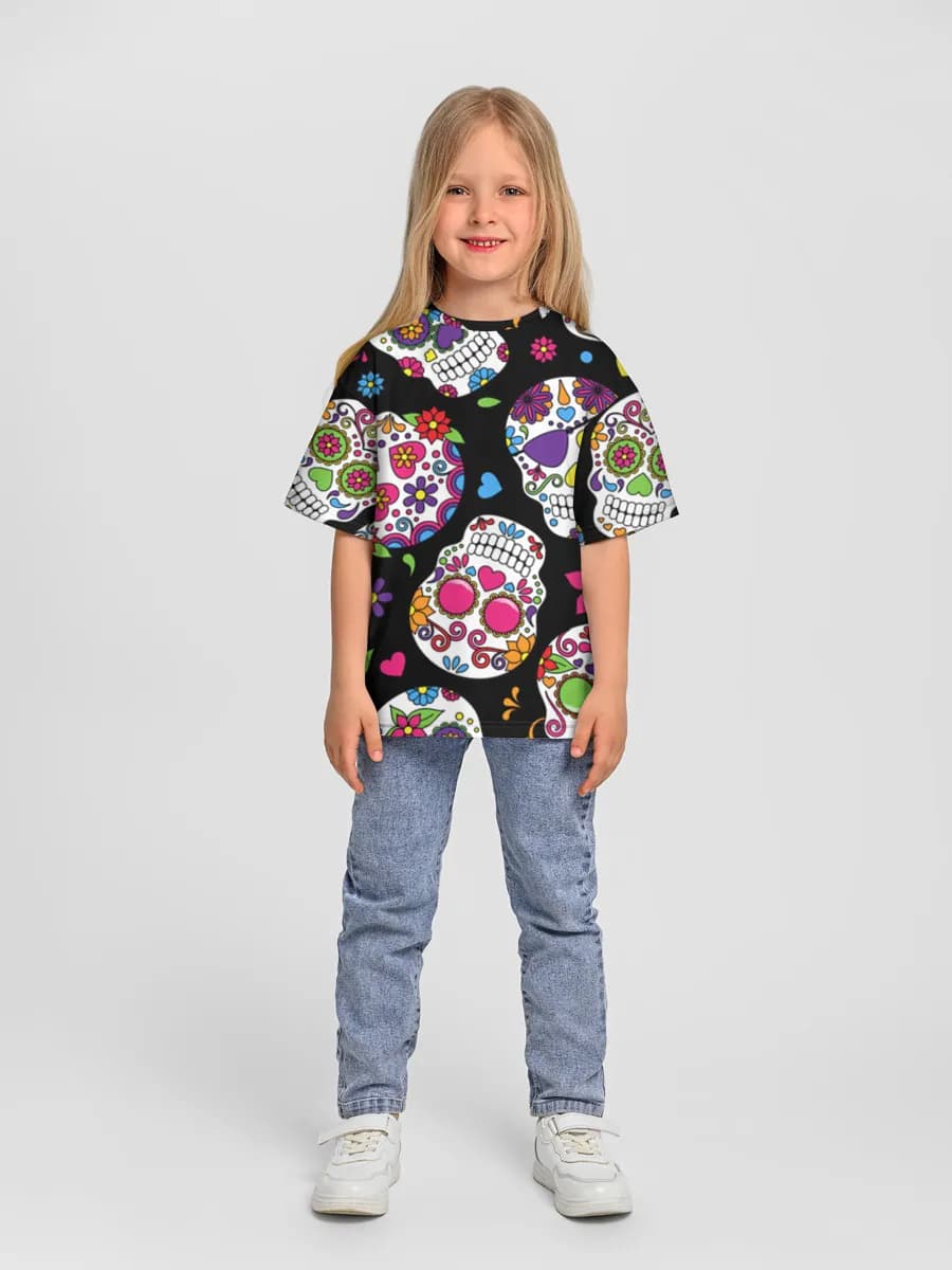 Colorful Sugar Skull Collage — Children's T-shirt. Oversized
