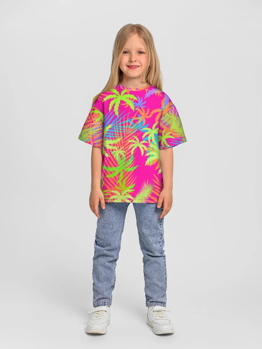 Neon Tropical Palm Leaves — Children's T-shirt. Oversized