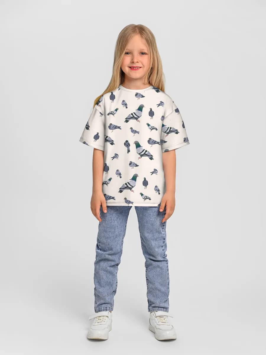 Pigeon Flock Illustration — Children's T-shirt. Oversized