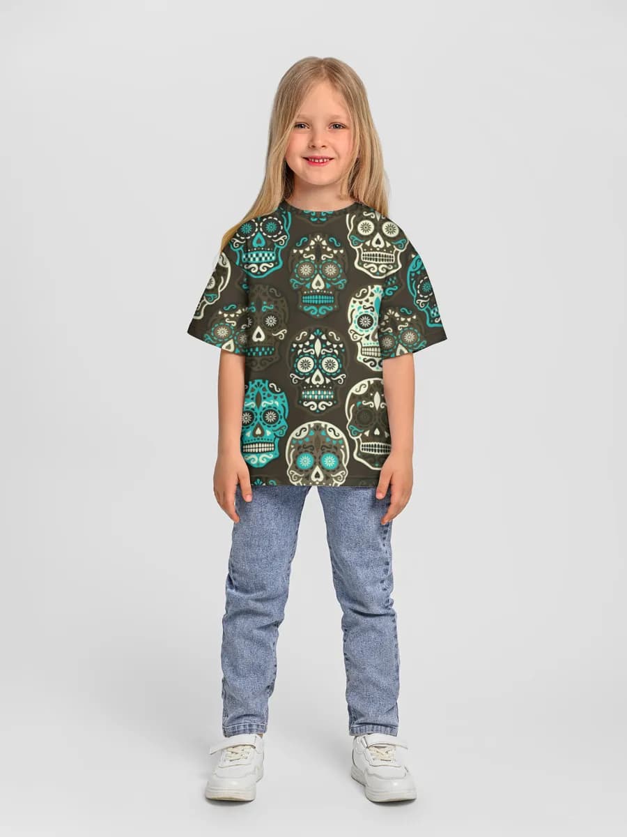 Turquoise Sugar Skull Art — Children's T-shirt. Oversized