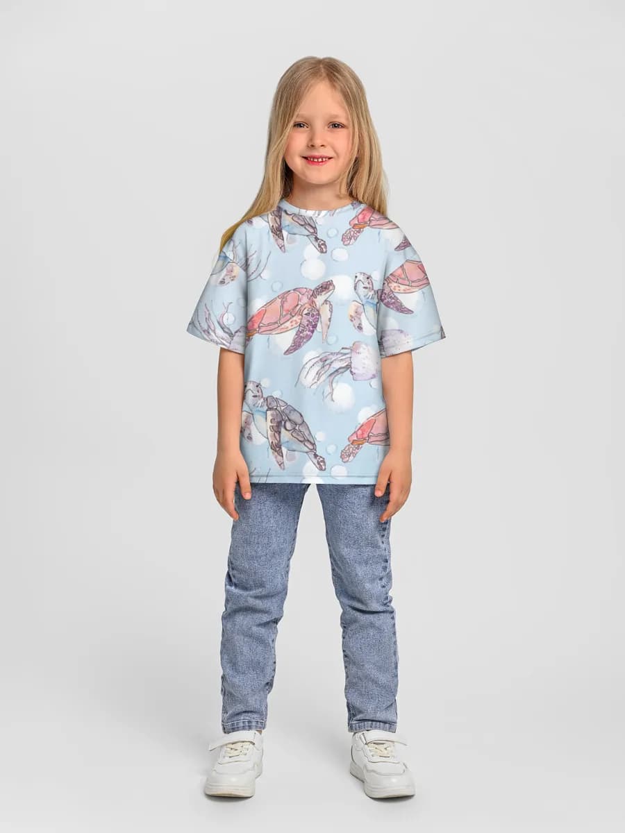 Sea Turtles And Jellyfish — Children's T-shirt. Oversized
