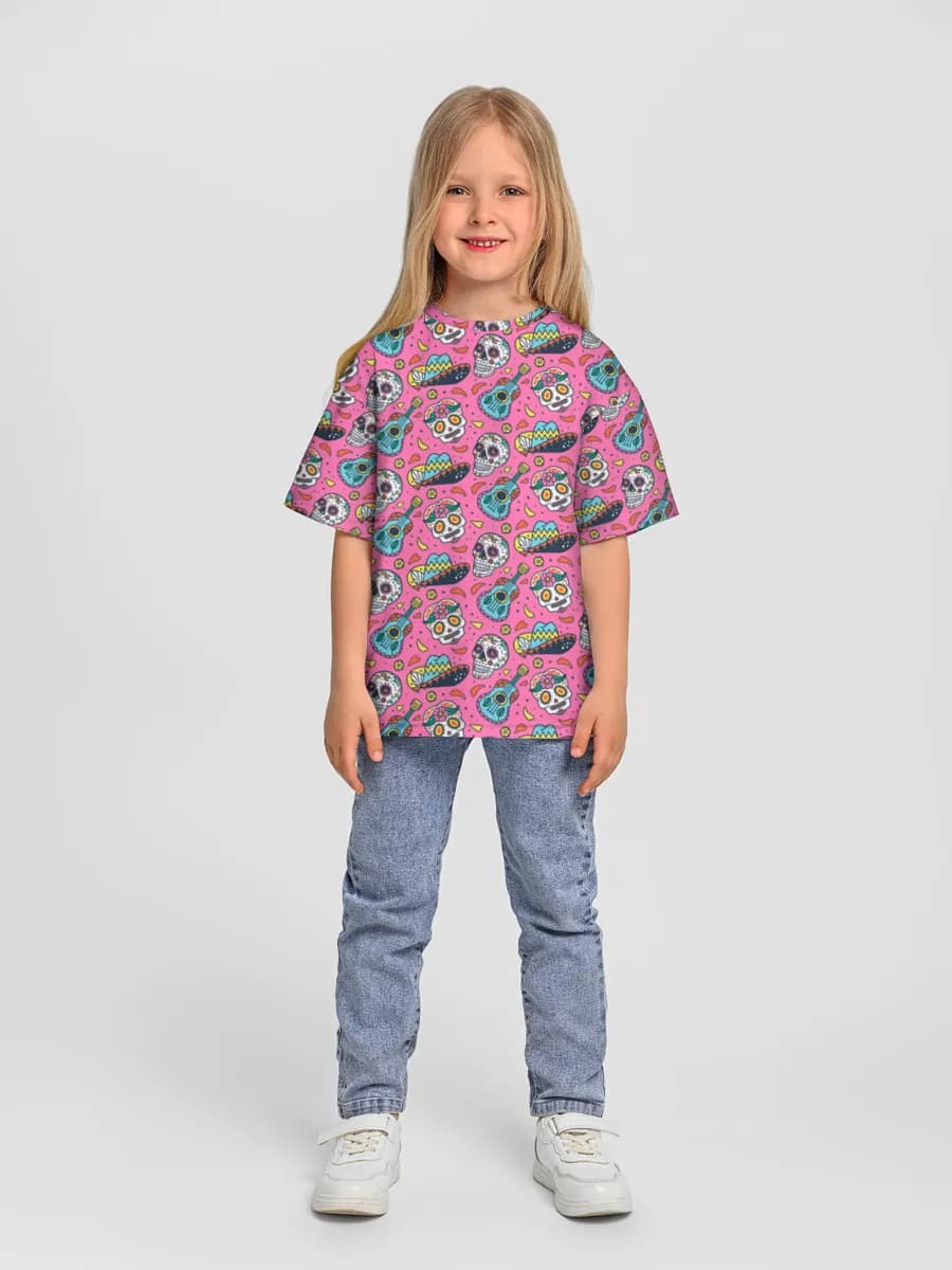 Sugar Skulls Fiesta Vibes — Children's T-shirt. Oversized