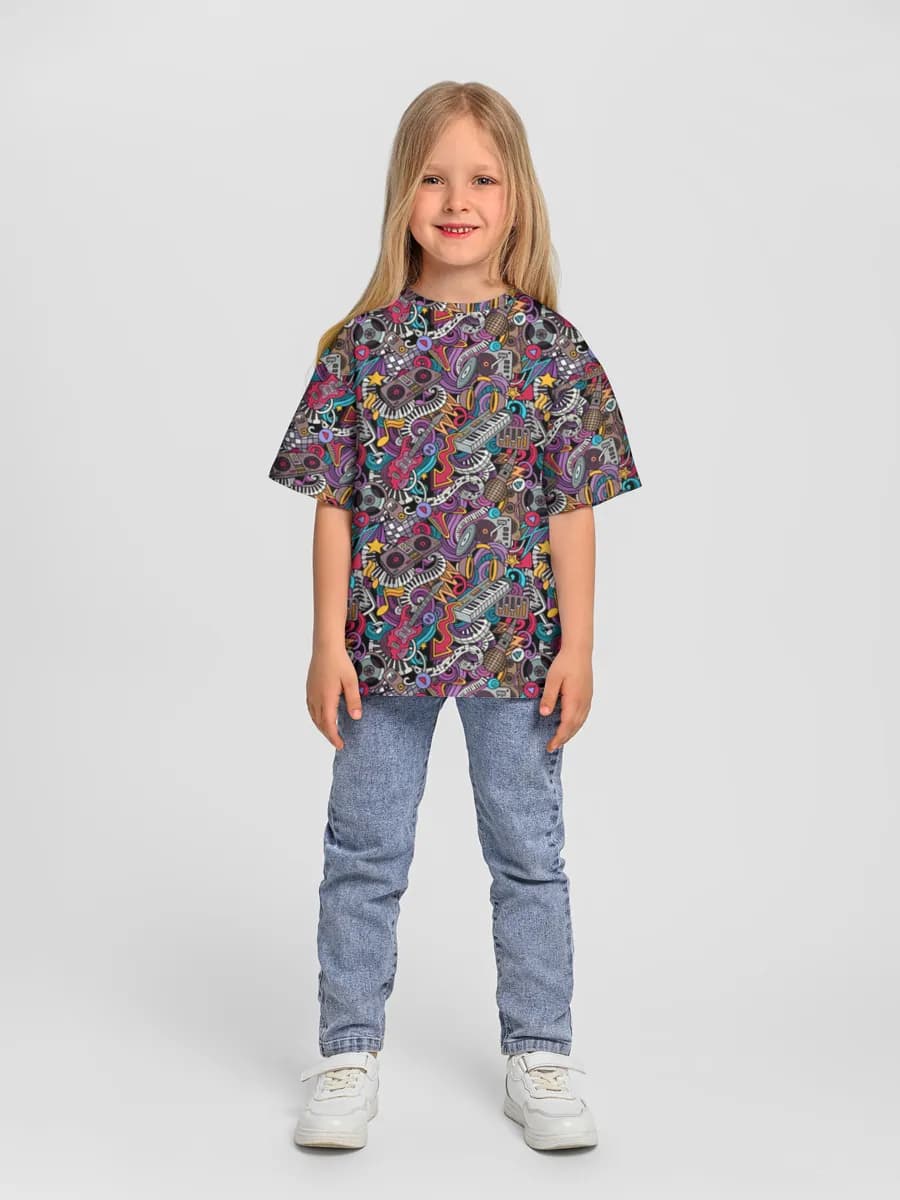 Neon Music Doodle Collage — Children's T-shirt. Oversized