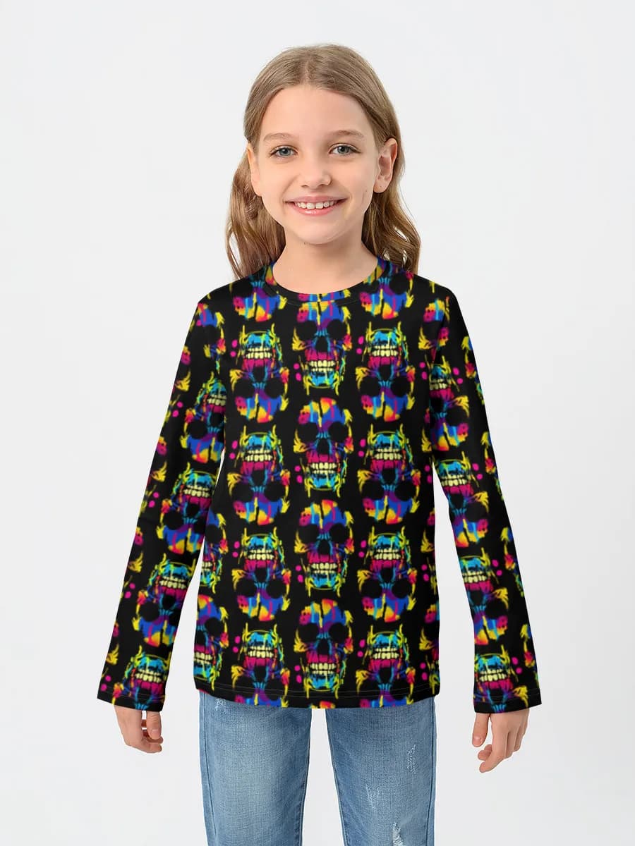 Neon Skull Splash Art — Children's cotton long sleeve shirt